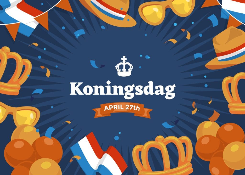 Illustratie met Nederlandse vlaggen, kronen, oranje ballonnen en zonnebrillen rondom de tekst "Koningsdag – April 27th"