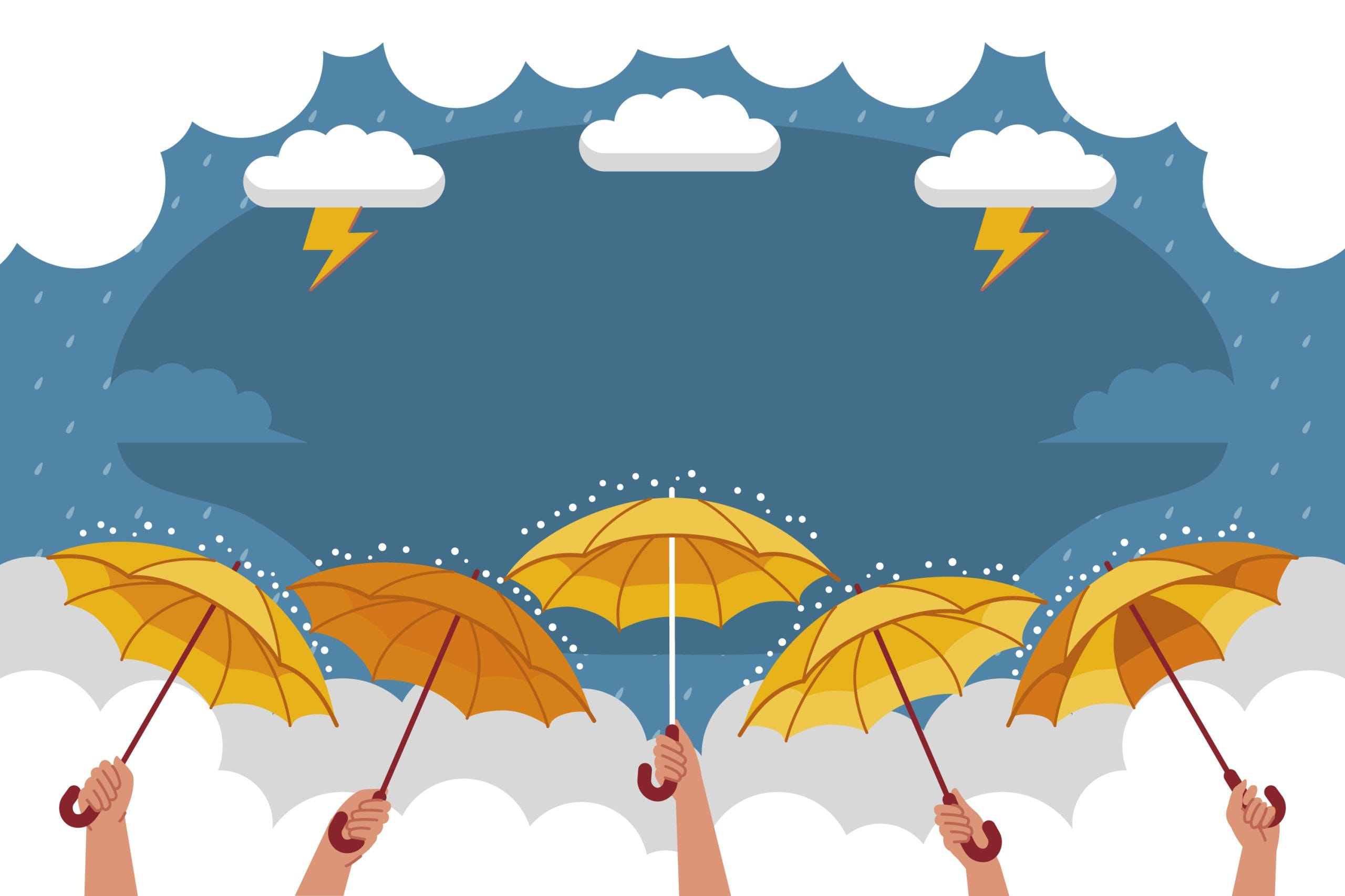 Illustratie van handen met oranje en gele paraplu’s die bescherming bieden tegen stormachtig weer met bliksem, regen en wolken.