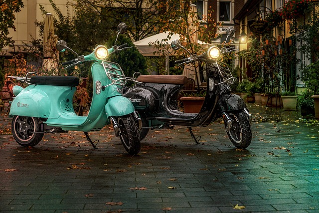Twee scooters geparkeerd op een natte straat in een stadsomgeving, omringd door herfstbladeren.