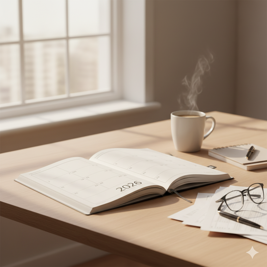 Open agenda met jaartal 2026 op een houten tafel naast een kop koffie, bril en papieren.