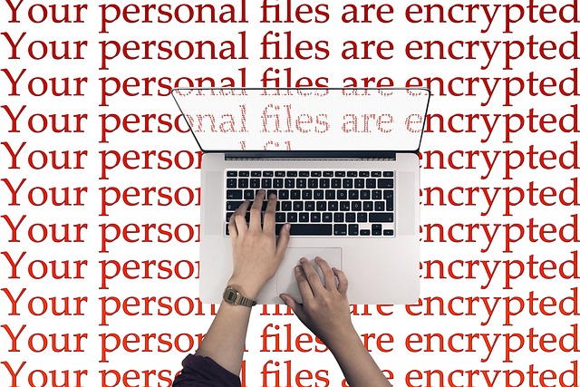 Laptop met waarschuwingstekst over versleutelde persoonlijke bestanden, symbool voor een hack of datalek.