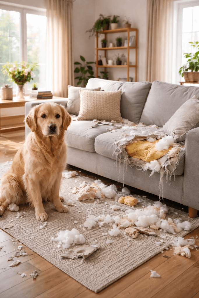 Hond heeft bank kapotgemaakt in woonkamer, voorbeeld van schade waarvoor een aansprakelijkheidsverzekering dekking kan bieden